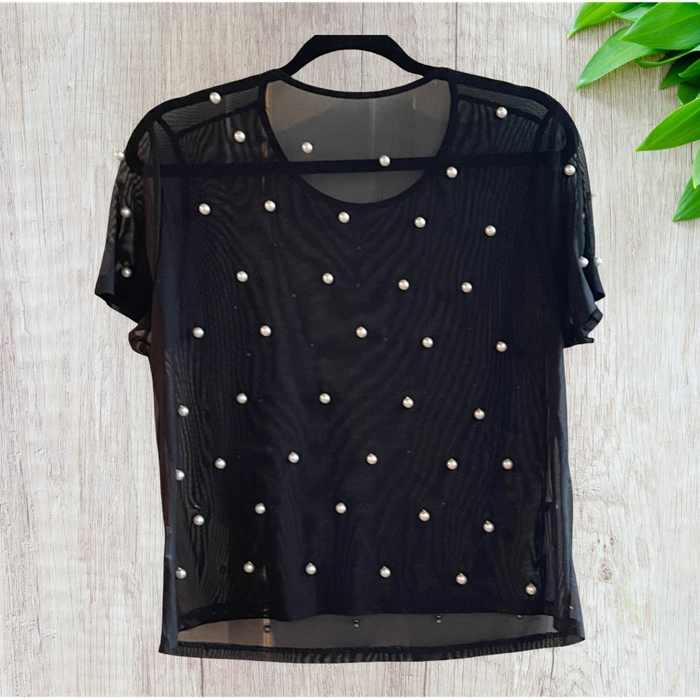 Black Sheer Top with Pearl Accents (see measurements)